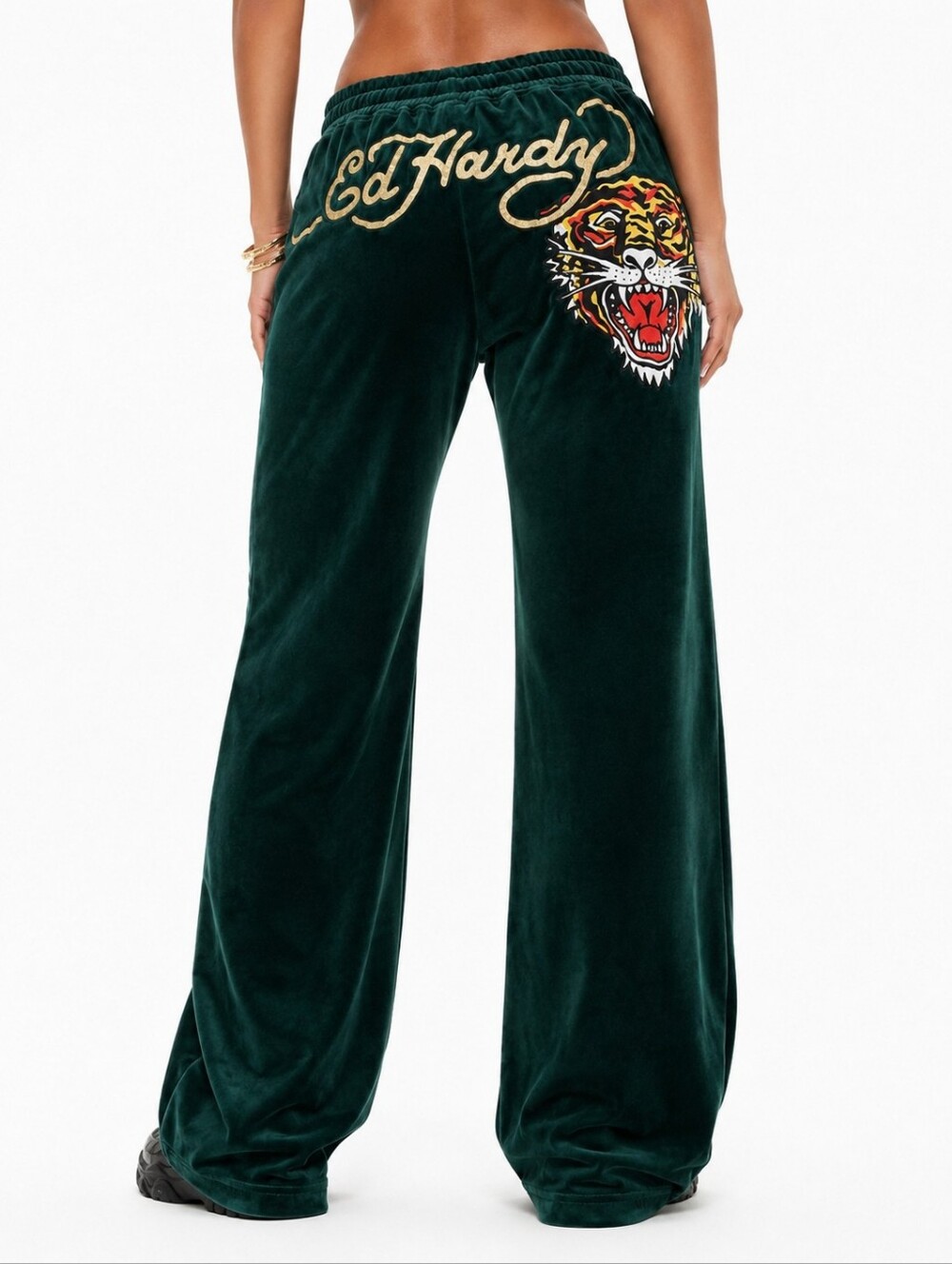 2PC SET ED HARDY Velour Tracksuit Green Tiger WIDE LEG Hoodie Joggers LARGE NWT - Picture 3 of 8